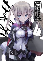 Rule 34 | 1girl, anchor, arms behind back, black skirt, blonde hair, blue eyes, blush, breasts, capelet, celtic knot, character name, cross, cursive, graf zeppelin (kancolle), iron cross, kantai collection, long hair, long sleeves, military, military uniform, n:go, no headwear, one-hour drawing challenge, rigging, sidelocks, simple background, skirt, smile, solo, twintails, twitter username, uniform, white background