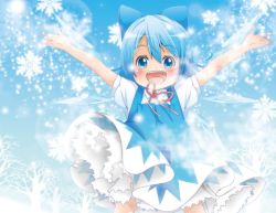 Rule 34 | 1girl, bad id, bad pixiv id, berry jou, blue eyes, blue hair, blush, bow, cirno, detached wings, hair bow, ice, ice wings, matching hair/eyes, open mouth, outstretched arms, puffy sleeves, short hair, short sleeves, solo, touhou, wings