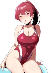 Rule 34 | 1girl, batta 16-sei, breasts, cleavage, commentary request, competition swimsuit, covered navel, heterochromia, highleg, highleg swimsuit, highres, hololive, houshou marine, large breasts, long hair, looking at viewer, one-piece swimsuit, ponytail, red eyes, red hair, red one-piece swimsuit, simple background, sitting, solo, swimsuit, two-tone one-piece swimsuit, virtual youtuber, white background, yellow eyes