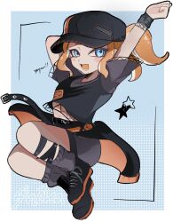 Rule 34 | 1girl, :d, arm behind head, arm up, baseball cap, belt, black footwear, black hat, blue background, blue eyes, border, commentary, cross-laced footwear, eyelashes, full body, grey shorts, hat, highres, kirakeen, medium hair, nintendo, octoling, octoling girl, octoling player character, open mouth, orange hair, outside border, shoes, shorts, smile, solo, splatoon (series), star (symbol), symbol-only commentary, tentacle hair, waist cape, white border