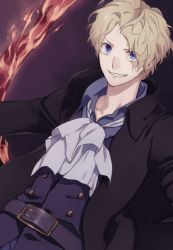 Rule 34 | 1boy, ascot, bad id, bad pixiv id, belt, belt buckle, black coat, blonde hair, blue belt, blue eyes, blue jacket, blue shirt, buckle, buttons, clenched teeth, coat, collar, collared coat, collared shirt, eyes visible through hair, fire, jacket, long sleeves, looking at viewer, male focus, one piece, open clothes, open coat, sabo (one piece), scar, shirt, short hair, smile, solo, teeth, too mizuguchi, white ascot