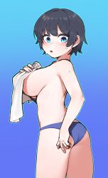 Rule 34 | 1girl, absurdres, ass, bikini, black hair, blue background, blue bikini, blue eyes, blush, breasts, character request, copyright request, covering privates, covering breasts, from behind, gradient background, highres, holding, holding towel, large breasts, looking at viewer, looking back, open mouth, sangobob, short hair, solo, sweat, swimsuit, topless, towel