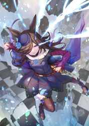 Rule 34 | 1girl, animal ears, black footwear, blue dress, blue flower, blue hat, blue rose, bow, brown hair, brown thighhighs, commentary, dagger, dress, dress bow, flower, from above, fur collar, hair over one eye, hat, hat flower, high heels, highres, holding, holding dagger, holding knife, holding weapon, horse ears, horse girl, knife, long hair, looking at viewer, murazo (0606), off-shoulder dress, off shoulder, purple eyes, rice shower (umamusume), rose, scabbard, sheath, short dress, solo, thighhighs, tilted headwear, umamusume, unsheathed, weapon