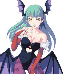 Rule 34 | 1girl, animal print, bare shoulders, bat print, bat wings, breasts, bridal gauntlets, capcom, cleavage, clothing cutout, commentary request, demon girl, elbow gloves, gloves, green hair, head wings, heart cutout, highres, koda1ra, large breasts, leotard, long hair, looking at viewer, morrigan aensland, pantyhose, print pantyhose, simple background, solo, vampire (game), white background, wings, yellow eyes