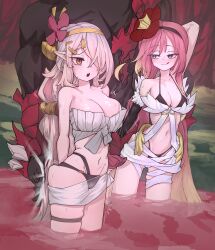 Rule 34 | 1boy, 2girls, bare shoulders, bikini, black bodysuit, blonde hair, blue eyes, bodysuit, breasts, bridal gauntlets, cleavage, destiny hero - destroyer phoenix enforcer, duel monster, flower, gradient hair, hair flower, hair ornament, hairband, highres, large breasts, licking lips, long hair, midriff, multicolored hair, multiple girls, navel, open mouth, orange eyes, pink hair, pointy ears, spanking, stomach, swimsuit, tartarie, thigh strap, tongue, tongue out, traptrix pinguicula, traptrix rafflesia, wading, white hair, yu-gi-oh!