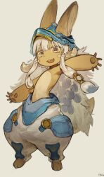 Rule 34 | 1other, absurdres, animal ears, full body, furry, helmet, highres, horizontal pupils, made in abyss, nanachi (made in abyss), open mouth, other focus, p (pm 611a), signature, simple background, solo, standing, whiskers, white hair, yellow eyes