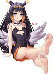 Rule 34 | 1girl, absurdres, arm support, artist name, bare legs, bare shoulders, barefoot, black hair, blunt bangs, blush, breasts, closed mouth, commentary, detached collar, dress, english commentary, extra ears, eyelashes, feathered wings, feet, full body, fur-trimmed collar, fur trim, gradient hair, highres, hololive, hololive english, legs, long hair, looking at viewer, low wings, mole, mole under eye, multicolored hair, ninomae ina&#039;nis, ninomae ina&#039;nis (1st costume), on ground, orange hair, patreon logo, pointy ears, purple eyes, purple hair, shadow, shiny skin, short dress, sitting, small breasts, smile, soles, solo, strapless, strapless dress, tentacle hair, thighs, tiara, toenails, toes, tube dress, very long hair, virtual youtuber, wings, x xith x