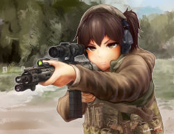 Rule 34 | 1girl, aiming, alternate costume, ar-15, assault rifle, asymmetrical hair, bad id, bad pixiv id, brown eyes, brown hair, camouflage, chris costa, commentary, flashlight, genso, gun, headset, kaga (kancolle), kantai collection, laser sight, leupold optics, load bearing vest, m4 carbine, magpul, military operator, multiple girls, parody, personification, real life, rifle, scope, short hair, side ponytail, solo, magazine (weapon), tactical light, weapon