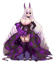 Rule 34 | 1girl, absurdly long hair, absurdres, animal penis, asymmetrical legwear, bar censor, bare shoulders, black nails, black sclera, black thighhighs, blue eyes, breasts, censored, cleavage, colored sclera, commission, crossed arms, demon, extra arms, extra mouth, extra pupils, full body, futanari, hands on own hips, heterochromia, highres, horns, horse penis, large breasts, long hair, malice (worstwarlock), monster girl, multicolored hair, nail polish, original, penis, purple eyes, purple hair, purple thighhighs, red eyes, sandals, skin-covered horns, solo, spiked penis, standing, streaked hair, striped clothes, striped thighhighs, tentacles, testicles, thighhighs, todding, vertical-striped clothes, vertical-striped thighhighs, very long hair, white background, white hair