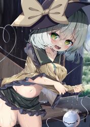 Rule 34 | 1girl, absurdres, black hat, black skirt, blush, bow, commentary request, dfra, green eyes, hat, hat bow, heart, heart-shaped pupils, heart of string, highres, komeiji koishi, light green hair, looking at viewer, miniskirt, navel, open mouth, shirt, skirt, solo, symbol-shaped pupils, third eye, touhou, wet, yellow bow, yellow shirt
