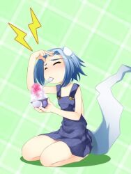 Rule 34 | animal ears, atelier-moo, bare legs, bare shoulders, blue hair, blue overalls, bowl, brain freeze, chibi, dog ears, dog girl, dog tail, eating, food, full body, holding, holding bowl, holding food, ice cream cup, lasting anthem, lily (lasting anthem), overalls, seiza, shaved ice, short hair, sitting, solo, spoon, tail
