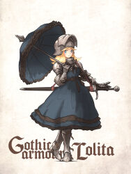 Rule 34 | 1girl, absurdres, armored boots, black dress, blonde hair, blue eyes, boots, character name, closed mouth, dress, flipped hair, frilled dress, frilled umbrella, frills, gauntlets, perlweiss (ironlily), hand up, helmet, highres, holding, holding umbrella, ironlily, long hair, original, sheath, sheathed, smile, solo, standing, sword, umbrella, visor (armor), weapon, white background