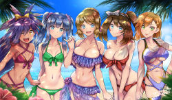 Rule 34 | 5girls, :d, :p, ;d, beach, bikini, blonde hair, blue eyes, blue hair, blue sky, bow, bow bikini, braid, breasts, brown hair, cleavage, cowboy shot, creatures (company), dark-skinned female, dark skin, dawn (pokemon), day, frilled bikini, frills, game freak, green eyes, hair bow, hair ornament, highres, holding hands, iris (pokemon), large breasts, looking at viewer, may (pokemon), medium breasts, misty (pokemon), multiple girls, navel, nintendo, ocean, one eye closed, open mouth, orange hair, outdoors, pokemon, pokemon (anime), pokemon (classic anime), pokemon bw (anime), pokemon dppt (anime), pokemon rse (anime), pokemon xy (anime), ponytail, serena (pokemon), sky, small breasts, smile, star (symbol), star hair ornament, swimsuit, take your pick, takecha, tongue, tongue out, twintails, underboob, yellow eyes