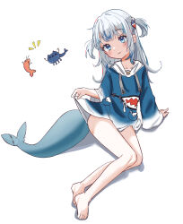 Rule 34 | 1girl, animal hood, barefoot, blue hair, blue hood, blue hoodie, blush, ebi-chan (gawr gura), fins, fish tail, gawr gura, gawr gura (1st costume), hair ornament, highres, hololive, hololive english, hood, hoodie, looking at viewer, medium hair, multicolored hair, shark girl, shark hair ornament, shark hood, shark tail, sitting, smile, solo, streaked hair, tail, two side up, virtual youtuber, youyoukai