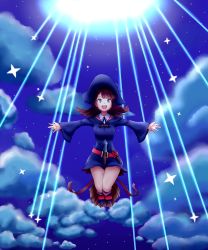 Rule 34 | 10s, 1girl, :d, absurdres, bad id, bad pixiv id, belt, between legs, blacky, blue cloak, blue footwear, blue hat, blue ribbon, blue skirt, broom, broom riding, cloak, cloud, collared shirt, commentary request, flying, happy, hat, highres, kagari atsuko, little witch academia, long hair, long sleeves, neck ribbon, night, night sky, open mouth, outstretched arms, red belt, red eyes, red hair, red ribbon, red stripes, ribbon, round teeth, shirt, shoes, shooting star, skirt, sky, smile, solo, spread arms, star (sky), star (symbol), starry background, starry sky, teeth, white shirt, wide sleeves, witch, witch hat