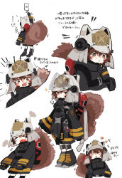 Rule 34 | &gt; &lt;, 1girl, anger vein, arknights, arrow (symbol), black coat, black footwear, black gloves, blush, blush stickers, boots, brown hair, chibi, coat, commentary, emphasis lines, closed eyes, fang, fire extinguisher, full body, gloves, hair between eyes, helmet, highres, laughing, light switch, long sleeves, looking at viewer, multiple views, open mouth, pointing, pointing at viewer, pout, reaching, ryu (17569823), sad, shaw (arknights), short hair, simple background, skin fang, smile, sparkle, squirrel tail, strap, sweat, tail, translated, uniform, visor, white background, white headwear