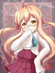 Rule 34 | 10s, 1girl, ahoge, brown eyes, brown hair, covering own mouth, double bun, glasses, hair bun, kantai collection, kazenonegura, long hair, looking at viewer, makigumo (kancolle), pantyhose, pleated skirt, school uniform, skirt, sleeves past wrists, smile, solo, twintails