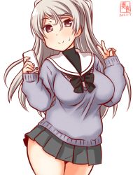 Rule 34 | 1girl, alternate costume, artist logo, black ribbon, bow, bowtie, breasts, brown eyes, cardigan, cellphone, conte di cavour (kancolle), cowboy shot, dated, green skirt, grey cardigan, grey hair, kanon (kurogane knights), kantai collection, large breasts, long hair, long sleeves, one-hour drawing challenge, phone, ribbon, sailor collar, school uniform, simple background, skirt, smartphone, solo, sweatdrop, two side up, v, white background, white sailor collar