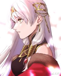 Rule 34 | 1girl, black dress, cape, dress, earrings, fire emblem, fire emblem: radiant dawn, fire emblem cipher, fire emblem heroes, from side, half updo, highres, jewelry, light particles, long hair, micaiah (fire emblem), nintendo, parted lips, peach11 01, profile, red cape, silver hair, sleeveless, sleeveless dress, solo, tiara, twitter username, upper body, yellow eyes