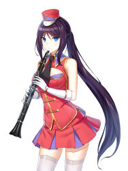 Rule 34 | 1girl, :/, alternate hair color, band uniform, bare shoulders, black necktie, blue eyes, breasts, buttons, clarinet, cleavage cutout, closed mouth, closers, clothing cutout, collared jacket, cowboy shot, double-breasted, fold-over gloves, gloves, hands up, hat, highres, holding, holding instrument, impossible clothes, impossible jacket, instrument, jacket, legs apart, long hair, looking at viewer, looking to the side, marching band, medium breasts, mini shako cap, miniskirt, necktie, official art, parted bangs, pleated skirt, ponytail, purple hair, red hat, red jacket, red skirt, shako cap, sidelocks, skirt, sleeveless, sleeveless jacket, solo, standing, thighhighs, uniform, very long hair, violet (closers), white background, white gloves, white thighhighs, wing collar, zettai ryouiki