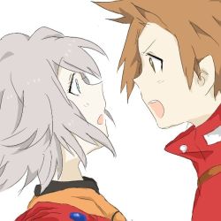 Rule 34 | 00s, blue eyes, brown eyes, gloves, grey hair, lloyd irving, open mouth, raine sage, simple background, tales of (series), tales of symphonia