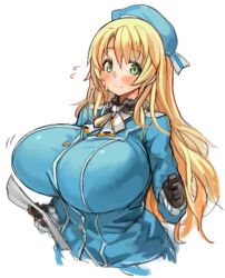 Rule 34 | 10s, 1girl, atago (kancolle), black gloves, blush, bouncing breasts, breasts, flying sweatdrops, gloves, green eyes, hat, holding, huge breasts, impossible clothes, kantai collection, long hair, long sleeves, military, military uniform, paper, sachito, simple background, solo, uniform, white background
