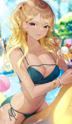 Rule 34 | 1girl, bare shoulders, bikini, black eyes, blonde hair, bracelet, breasts, cleavage, dark-skinned female, dark skin, drink, dripping, earrings, green bikini, highres, idolmaster, idolmaster shiny colors, inflatable toy, izumi mei, jewelry, koyo akio, large breasts, licking, licking lips, lips, navel, necklace, outdoors, pool, riding, solo, straddling, sunlight, swimsuit, tan, tongue, tongue out, wet