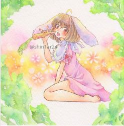 Rule 34 | 1girl, ahoge, animal ears, barefoot, bib, brown hair, carrot, dress, eating, from side, full body, highres, holding, holding carrot, inaba tewi, looking at viewer, looking to the side, medium hair, orange background, painting (medium), pink dress, puffy short sleeves, puffy sleeves, rabbit ears, red eyes, red ribbon, ribbon, shin1ar24, short sleeves, sleeve ribbon, solo, touhou, traditional media, watercolor (medium), watercolor pencil (medium)