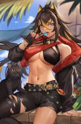 Rule 34 | 1girl, ahoge, animal ears, arm support, asymmetrical clothes, bangle, bare shoulders, bell, belt, black belt, black cat, black choker, black gloves, black hair, black jacket, black pants, bleachwolfno1, blonde hair, blue sky, bracelet, breasts, candy, cat, choker, covered erect nipples, criss-cross halter, crop top, cropped jacket, crossed bangs, dehya (genshin impact), fangs, fingerless gloves, food, genshin impact, gloves, hair between eyes, halterneck, hand up, holding, holding candy, holding food, holding lollipop, jacket, jewelry, jingle bell, large breasts, linea alba, lollipop, long sleeves, looking at viewer, multicolored hair, nail polish, navel, neck bell, open clothes, open jacket, open mouth, outdoors, palm leaf, pants, red nails, sidelocks, single pantsleg, sitting, sky, solo, stomach, streaked hair, teeth, thigh strap, thighs, torn clothes, torn pants, underboob, vision (genshin impact)