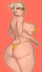 Rule 34 | 1girl, absurdres, ass, back, bare arms, bare shoulders, bikini, blonde hair, blush, boku no hero academia, breasts, closed mouth, cowboy shot, double bun, from behind, hair bun, highres, huge ass, kelvin hiu, large breasts, looking back, messy hair, red background, short hair, simple background, smile, solo, standing, swimsuit, thighs, toga himiko, yellow bikini