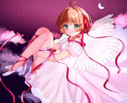 Rule 34 | 1girl, angel wings, antenna hair, breasts, cardcaptor sakura, choker, commentary request, crescent moon, dosukoi humitarou, dress, from side, hairband, high heels, highres, hugging own legs, kinomoto sakura, looking at viewer, moon, red choker, red hairband, red ribbon, ribbon, short hair, sky, small breasts, solo, star (sky), starry sky, thigh strap, white dress, wings