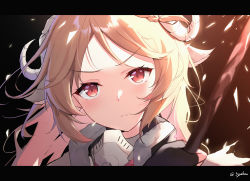 Rule 34 | 1girl, absurdres, animal ears, arknights, black gloves, blush, brown hair, closed mouth, commentary request, dark background, ear protection, eyjafjalla (arknights), fingerless gloves, gloves, goat ears, goat horns, highres, holding, holding staff, horns, huge filesize, letterboxed, light, looking at viewer, parted bangs, portrait, red eyes, serious, signature, solo, staff, syakou, twitter username, v-shaped eyebrows
