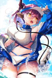 Rule 34 | 1girl, :d, animal ears, antenna hair, arknights, arm up, armpits, bad id, bad pixiv id, blue jacket, blue sky, blush, bouncing breasts, breasts, cow ears, cow girl, cow horns, cowboy shot, day, dress, gluteal fold, hand on headwear, highres, horns, jacket, large breasts, long sleeves, looking away, looking to the side, navel, nidaime (doronbo), official alternate costume, open clothes, open jacket, open mouth, outdoors, ponytail, short hair, short ponytail, sideroca (arknights), sideroca (light breeze) (arknights), skindentation, sky, sleeves past wrists, smile, solo, splashing, stomach, thigh gap, thigh strap, visor cap, wading, water, white dress, yellow eyes