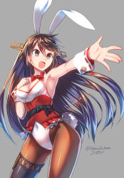 Rule 34 | 10s, 1girl, :d, adapted costume, animal ears, bare shoulders, black eyes, black hair, breasts, cleavage, detached sleeves, fake animal ears, hair ornament, hairband, hairclip, hand on own chest, haruna (kancolle), japanese clothes, kantai collection, leotard, long hair, nontraditional miko, open mouth, outstretched arm, outstretched hand, pantyhose, playboy bunny, rabbit ears, ribbon trim, simple background, smile, solo, twitter username, wrist cuffs, yukimura tsubame