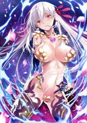 Rule 34 | 1girl, augu (523764197), breasts, collarbone, earrings, fate/grand order, fate (series), gold earrings, hair in own mouth, hair ribbon, highres, jewelry, kama (fate), kama (third ascension) (fate), large breasts, long hair, looking at viewer, md5 mismatch, mouth hold, navel, petals, red eyes, red ribbon, resolution mismatch, ribbon, solo, source smaller, standing, very long hair, white hair