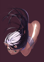 Rule 34 | 1girl, ass, back, bad id, bad pixiv id, bent over, black eyes, black hair, bottomless, earrings, from above, full body, highres, horns, jewelry, long hair, oni, original, pointy ears, sarashi, shiro shougun, solo, standing