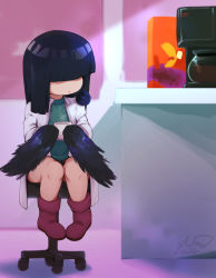 Rule 34 | 1girl, animal, animal on shoulder, bird, bird on shoulder, black hair, blunt bangs, blunt ends, boots, coffee, coffee maker, coffee pot, commission, counter, cup, female focus, hair over eyes, harpy, hatsu (hatsumiilkshake), highres, hime cut, holding, holding cup, indoors, monster girl, mug, original, sitting, solo, steam, stool, winged arms, wings