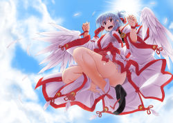 Rule 34 | 1girl, absurdres, ahoge, blue hair, bow, detached sleeves, feathers, highres, japanese clothes, kawajuu, looking at viewer, miko, original, red bow, sandals, solo, wide sleeves, wings, zouri