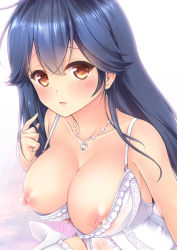 Rule 34 | 10s, 1girl, black hair, blush, breasts, brown eyes, chiyami, dress, hair between eyes, heart, heart-shaped pupils, jewelry, kantai collection, large breasts, long hair, necklace, nipples, open mouth, solo, symbol-shaped pupils, thighhighs, ushio (kancolle), wedding dress, white dress, white thighhighs