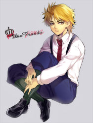Rule 34 | 1boy, aged down, blonde hair, brown eyes, character name, child, dio brando, jojo no kimyou na bouken, male focus, necktie, shiron (shiro n), simple background, solo, suspenders