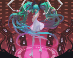 Rule 34 | 1girl, aqua hair, ass, dress, hand on own chest, hatsune miku, high heels, long hair, looking back, loped, microphone, see-through, shoes, solo, speaker, studio microphone, twintails, very long hair, vocaloid