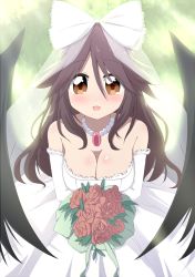 Rule 34 | 1girl, blush, body blush, bouquet, bow, breasts, bridal veil, brown eyes, brown hair, bwell, cleavage, detached sleeves, dress, flower, hair between eyes, hair bow, jewelry, lace, lace-trimmed dress, lace trim, large bow, long hair, looking at viewer, necklace, pearl necklace, pendant, red flower, red rose, reiuji utsuho, rose, smile, solo, touhou, veil, wedding dress, white dress, wings