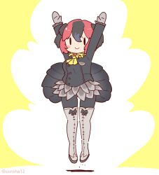Rule 34 | 1girl, arms up, australian brushturkey (kemono friends), bird girl, bird tail, black hair, boots, bow, bowtie, coroha, full body, gloves, jacket, jumping, kemono friends, kemono friends 3, looking at viewer, multicolored hair, pantyhose, red hair, short hair, simple background, skirt, solo, tail, two-tone hair, yellow background