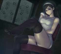 Rule 34 | 10s, 1girl, black hair, black panties, black thighhighs, blue eyes, breasts, feet, foreshortening, hairband, highres, kumashiro maya, large breasts, long hair, panties, rape face, seikimatsu occult gakuin, sethxzoe, sheriff woody, solo, thick thighs, thighhighs, thighs, toe socks, toes, toy story, underwear, when you see it