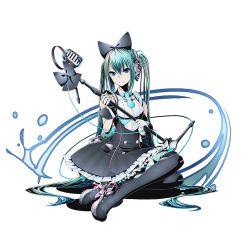 Rule 34 | 1girl, absurdly long hair, alpha transparency, black bow, black footwear, black thighhighs, blue eyes, blue hair, blue necktie, boots, bow, cosplay, divine gate, dress, frilled dress, frills, full body, gloves, hair bow, hatsune miku, hatsune miku (cosplay), headphones, holding, holding microphone, long hair, magical mirai (vocaloid), magical mirai miku, magical mirai miku (2016), microphone, necktie, official art, pink ribbon, rainy (divine gate), ribbon, short necktie, sitting, sleeveless, sleeveless dress, smile, solo, thigh boots, thighhighs, transparent background, ucmm, very long hair, vocaloid, white gloves