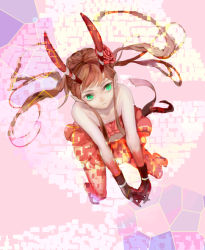 Rule 34 | 10s, 1girl, 3838383, antlers, bare shoulders, brown hair, c (control), flower, frilled skirt, frills, from above, gloves, green eyes, hair flower, hair ornament, horns, long hair, mashu, mashu (control), navel, pointy ears, red flower, red rose, red thighhighs, rose, sidelocks, skirt, solo, strapless, thighhighs, tube top, twintails