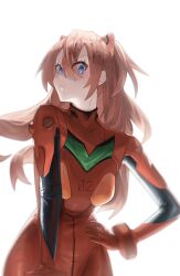 Rule 34 | 1girl, absurdres, artist request, blue eyes, bodysuit, breasts, brown hair, curvy, floating hair, hair between eyes, highres, interface headset, long hair, looking at viewer, medium breasts, neon genesis evangelion, pilot suit, plugsuit, red bodysuit, red headwear, shiny clothes, simple background, solo, souryuu asuka langley, standing, two side up, very long hair, white background, wide hips