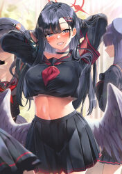 Rule 34 | 3girls, armband, arms behind head, arms up, beret, black gloves, black hair, black headwear, black sailor collar, black serafuku, black shirt, black skirt, black wings, blue archive, blue eyes, blunt bangs, blush, breasts, choker, commentary request, crop top, crop top overhang, feathered wings, gloves, grin, hair flowing over, hair ornament, hair over eyes, hairclip, halo, hand in own hair, hat, highres, ichika (blue archive), justice task force member (blue archive), kawai (purplrpouni), large breasts, long hair, long sleeves, looking at viewer, midriff, multiple girls, navel, neckerchief, pleated skirt, red neckerchief, sailor collar, school uniform, serafuku, shirt, skirt, smile, solo focus, thighs, wings