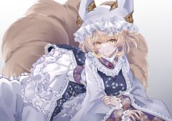 Rule 34 | 1girl, animal ears, blonde hair, blush, closed mouth, dress, fingernails, fox ears, fox tail, frilled dress, frilled sleeves, frills, hat, highres, long sleeves, mob cap, multiple tails, sarasadou dan, short hair, simple background, solo, tabard, tail, touhou, white background, white dress, white hat, wide sleeves, yakumo ran, yellow eyes