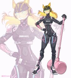 Rule 34 | 1girl, adapted costume, animal ears, armed hammer, armor, belt, black bodysuit, blonde hair, blue eyes, bodysuit, breasts, cat ears, cleavage, hammer, hand on own hip, hand on weapon, highres, huge weapon, kamen rider, kamen rider geats (series), kamen rider na-go, medium breasts, navel, neon trim, pink armor, pixiv logo, redesign, shoes, sneakers, tongzhen ganfan, twitter logo, visor (armor), war hammer, weapon, weibo logo, white background, zoom layer